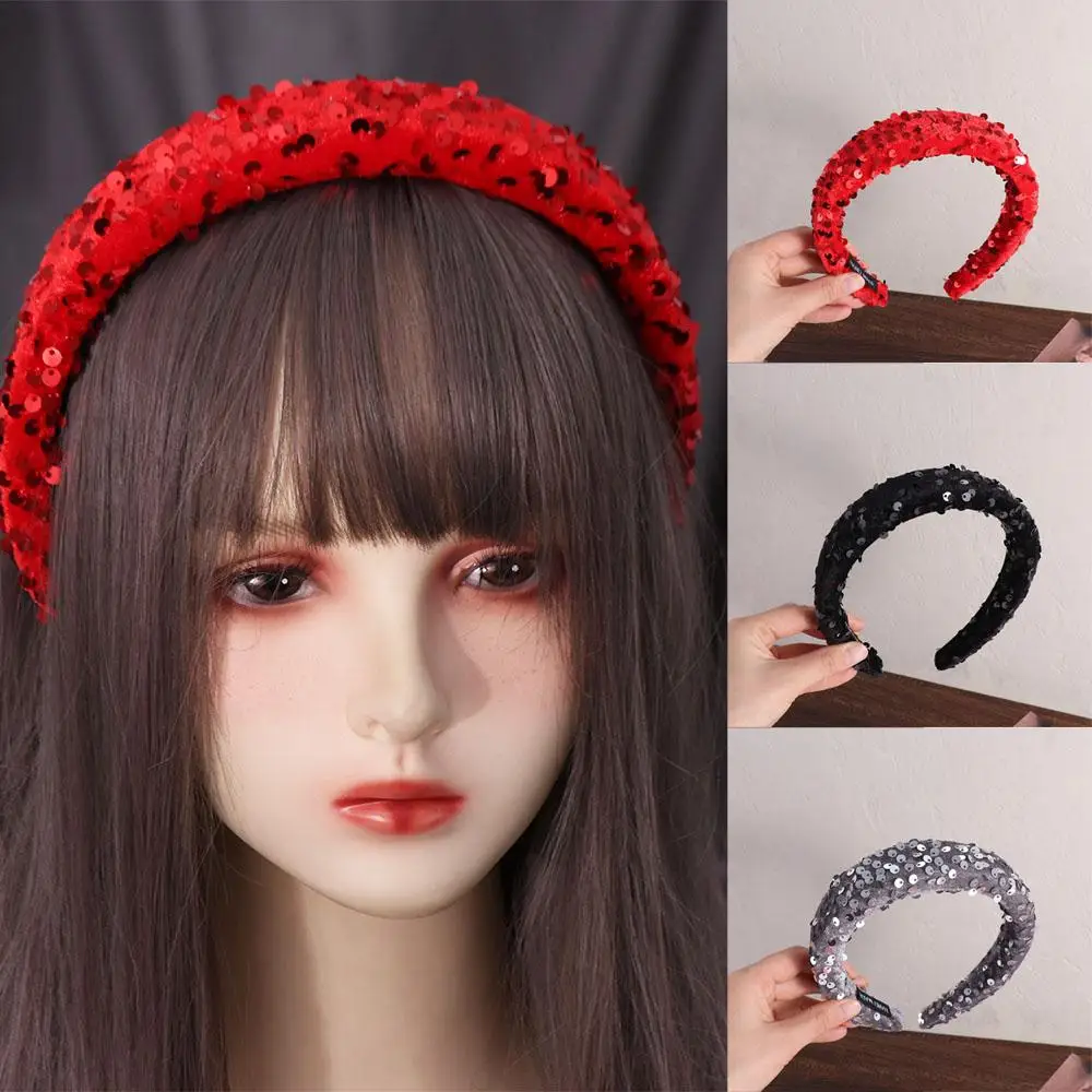 

Shining Solid Color Sequins Headband Wide Velvet Wide Hairband Headwear Hair Accessories Sponge Hair Band Ladies