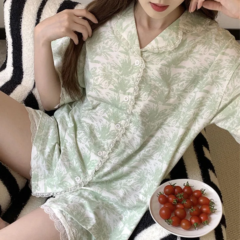 Korean Version Short-sleeved Pajamas Women's Summer Thin Sleepwear New Cotton Sweet Lace Loungewear V-neck Loose Homewear Set