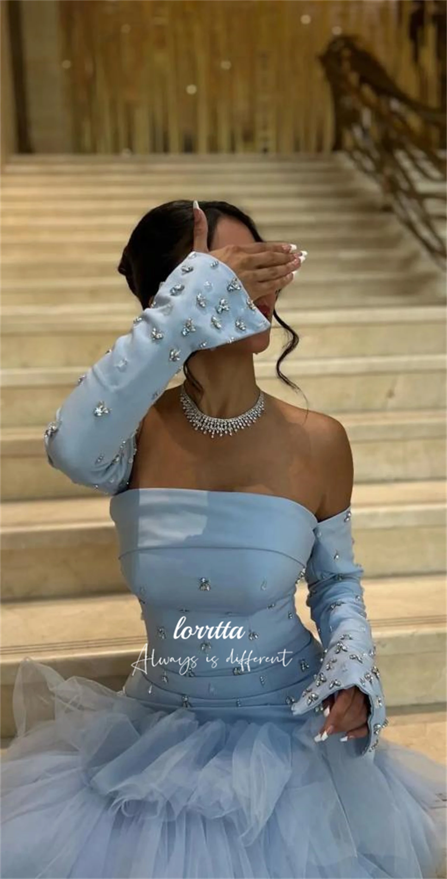 Lorrtta Hand Beaded Decoration Party Dress Long Sleeves Sky Blue Evening Fishtail Cut Dresses for Special Events Gala Customized