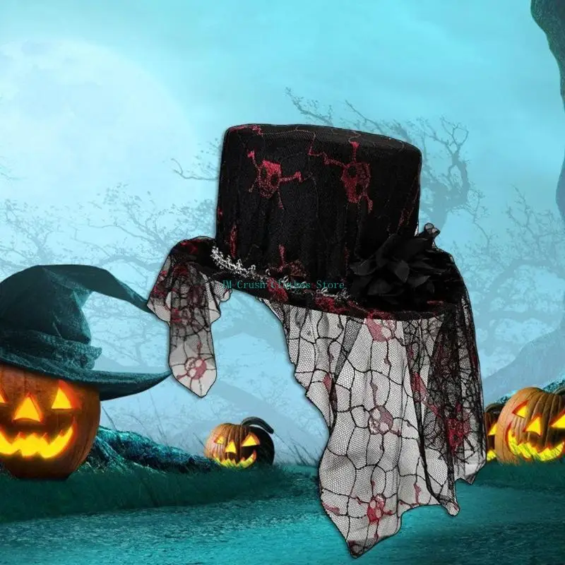 

K1ME Wide Border Witch Hat Flower Decorative Hat Skull Pattern Hat Vintages Look Hat