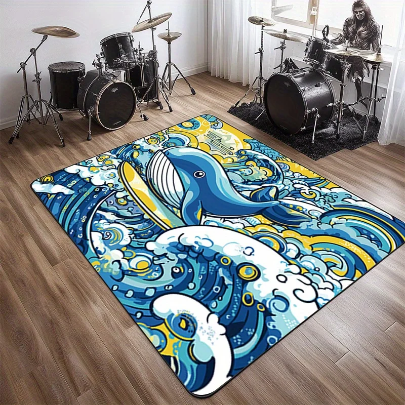 

Blue Whale & Ocean Waves Print Non-Slip Mat - Vibrant Polyester Floor Mat for Living Room or Office, Machine Washable, Perfect