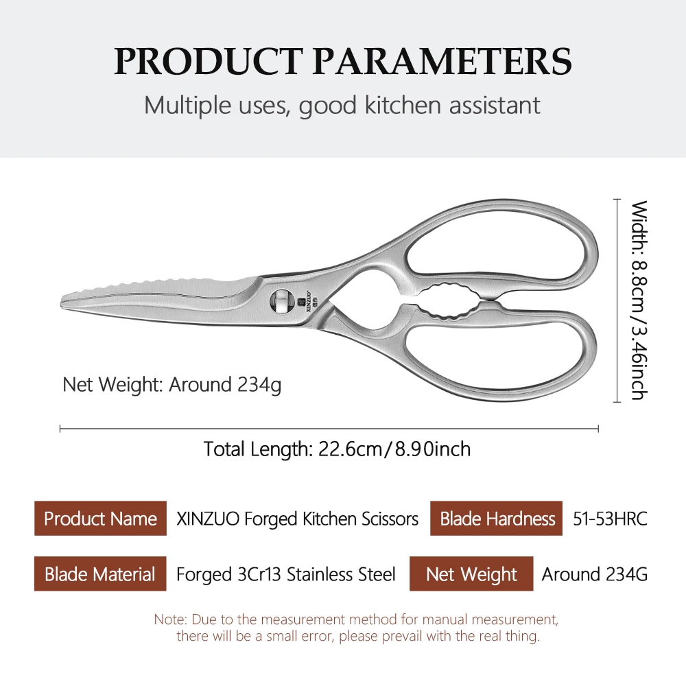 

XINZUO Durable Sharp Kitchen Scissors One Piece 3Cr13 Forged Steel Polishing Pocess Removable Humanised Design Cut Vegetables