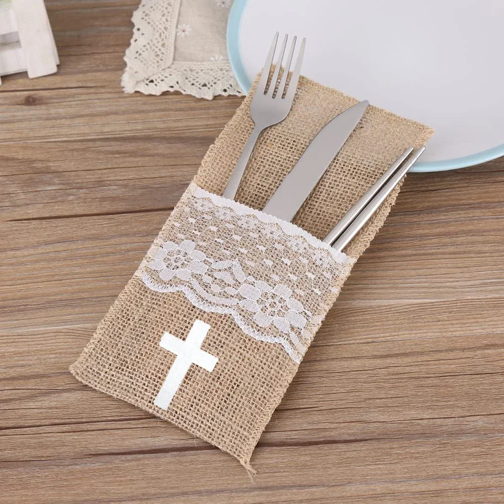 5pcs Cutlery bags Baptism Christening rustic country wedding First 1st Communion dinner birthday baby shower table decoration