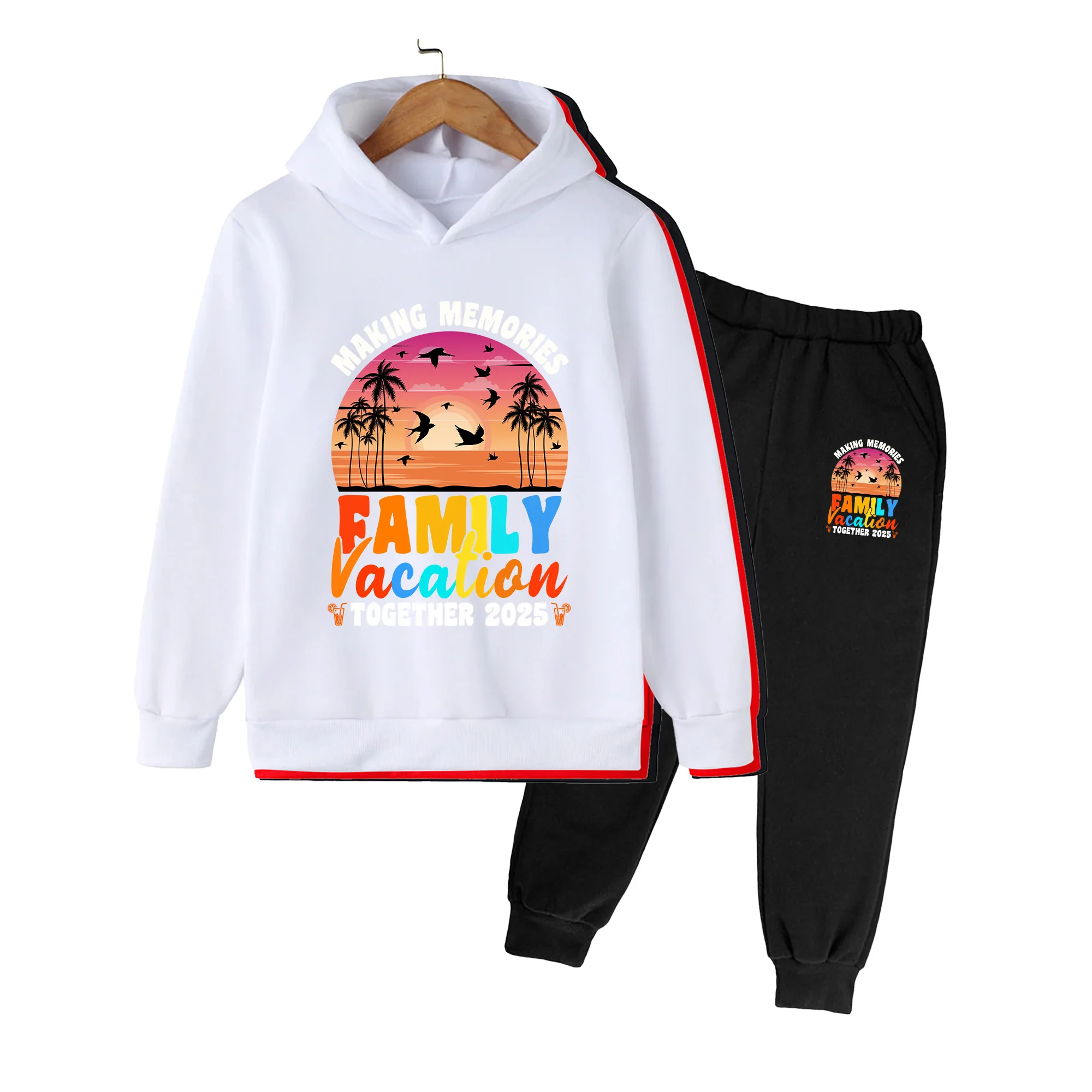 Kids Family Vacation Print Hoodie & Pants Set, Tropical Beach Style Outfit for Boys Girls Summer Holiday