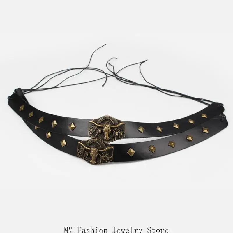 Western Hat Accessory Band with Antique Gold Tone Head Decors and Black Studded Strap for Plain Hat Styling and Travel Looks