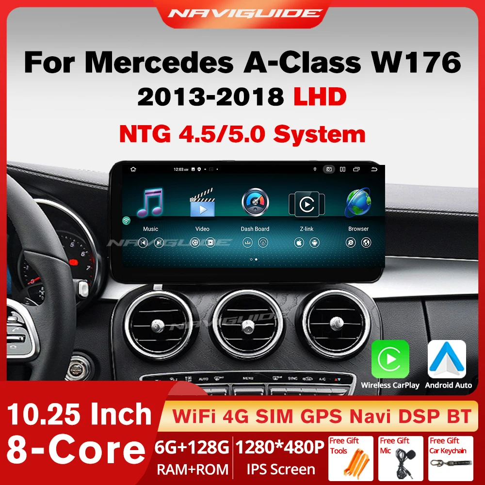 NAVIGUIDE 10.25'' 6+128G Android12 Car Multimedia Player For Mercedes A Class W176 LHD 2013-2018 NTG 4.5 5.0 Carplay GPS Navi BT