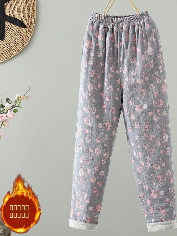 

Thickened Cotton Straight Leg Pants Women's Casual Wear Winter Warm Printed Loose Fit Outerwear High Waist Autumn Winter