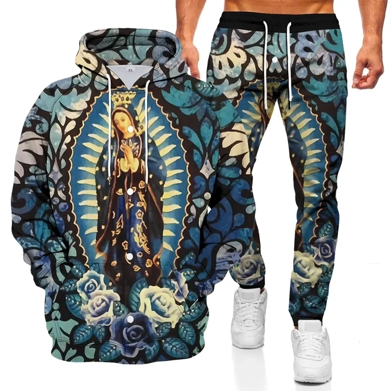 Sudadera con capucha de retrato indio para hombre, Conjunto de sudadera con estampado 3D de Dios, jerseys de María, pantalones casuales Harajuku