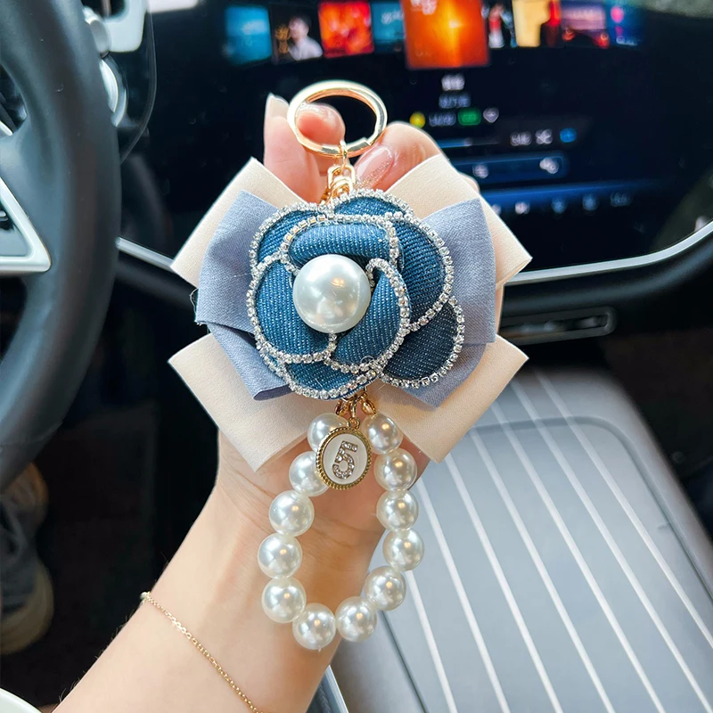 Creative contrasting denim color series camellia pearl necklace keychain bag pendant fashionable car keychain pendant