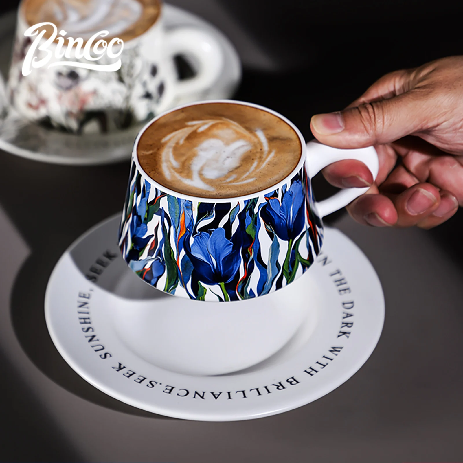 BINCOO 260ml Ceramic Coffee Cup with Saucer Set Cappuccino Cup Art Latte Espresso Mug for Afternoon Tea Home Barista Accessories - view 3