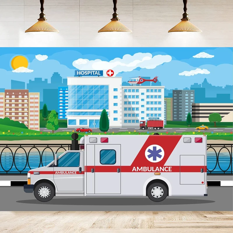 

Cartoon Hospital Photography Backdrop Ambulance Aircraft Medical Background Nursing School Nurse Graduation Doctor Party Decor