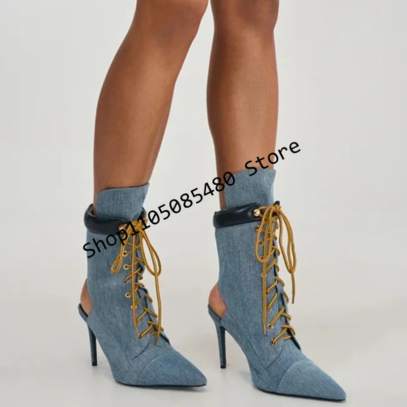 Botas de media caña de mezclilla azul bloque 2026, botas de media caña con contraste, botines de tacón fino con cordones y puño plegable, estilo punk para mujer, talla 44