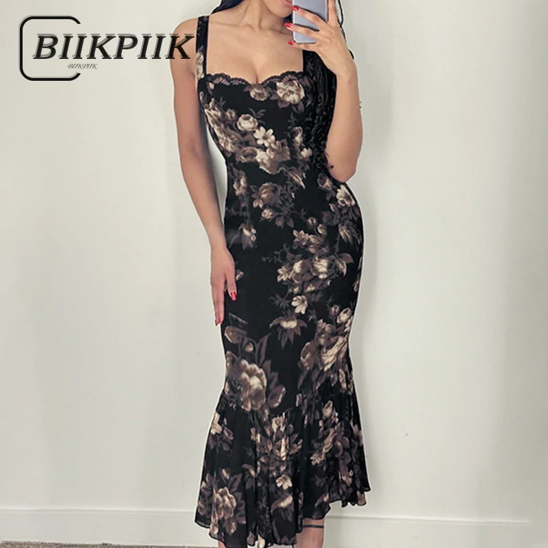 BIIKPIIK Vintage stampa floreale elegante abito da donna Sexy Patchwork di pizzo lungo Slip Dress vacanza abiti da festa Casual primavera estate