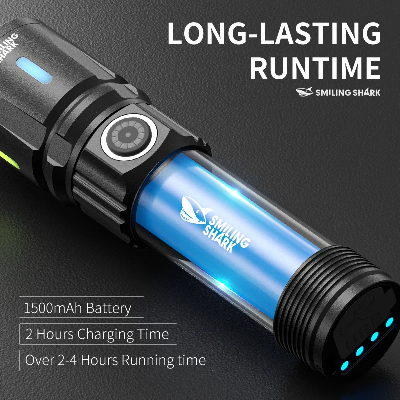 Smiling Shark SD5247 Super Bright Zoomable Flashlight, Rechargeable Torch,with Power Bank Function, for Outdoor Camping, Hiking