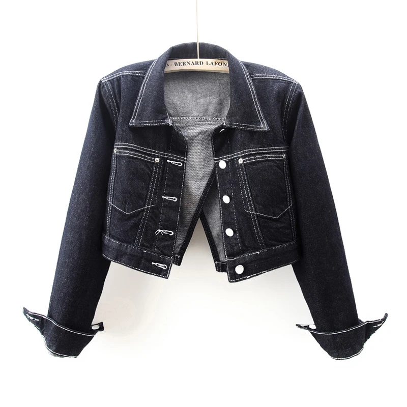 Vintage Big Pocket Long Sleeve Denim Jacket Women Casual Cowboy Outerwear Spring Autumn New Slim Short Jeans Jacket Coat Female