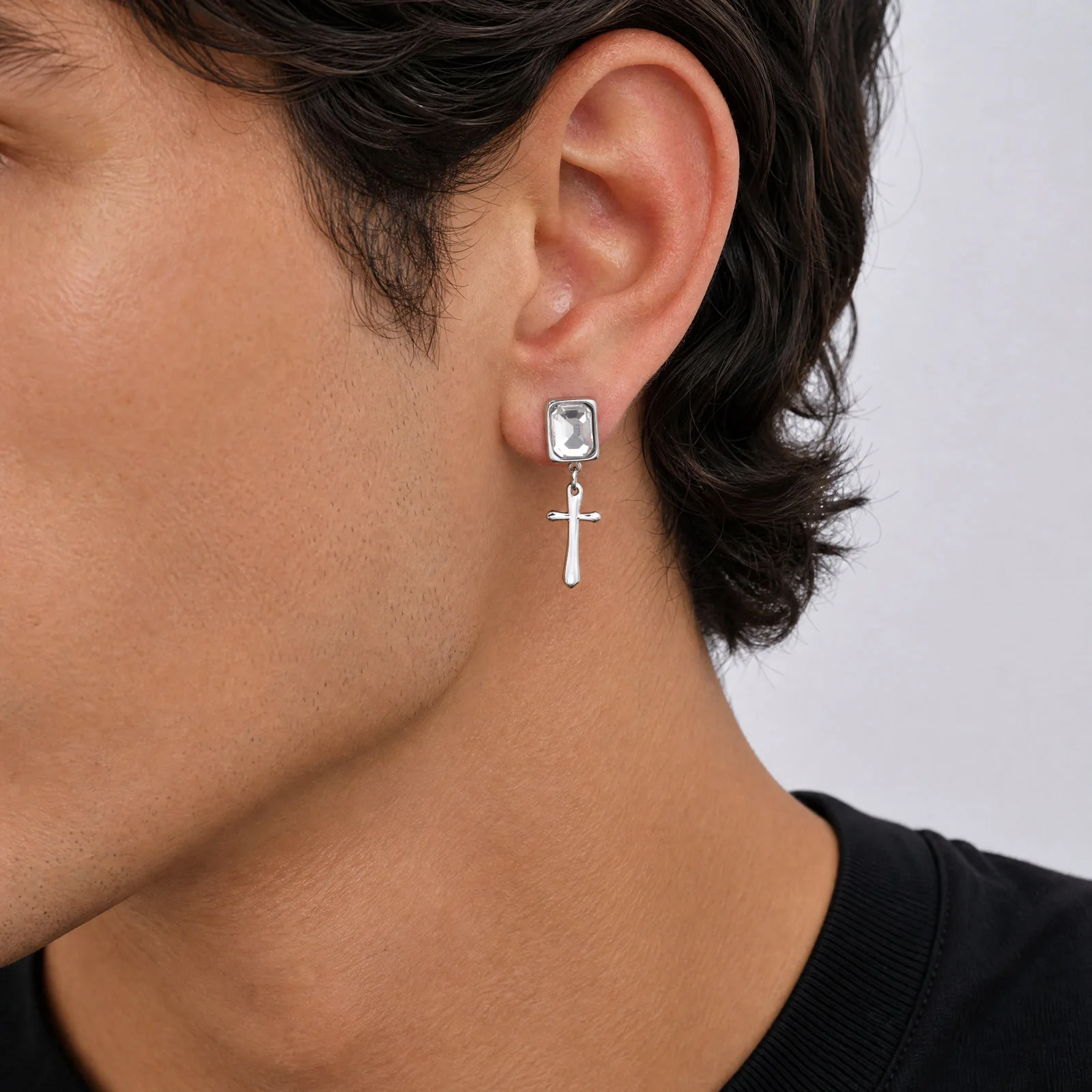 Vnox Men Stainless Steel Rectangle Octagon Cut Glass Cross Dangle Earrings, Blue White Crystal Drop Ear Studs with Pierced Ear