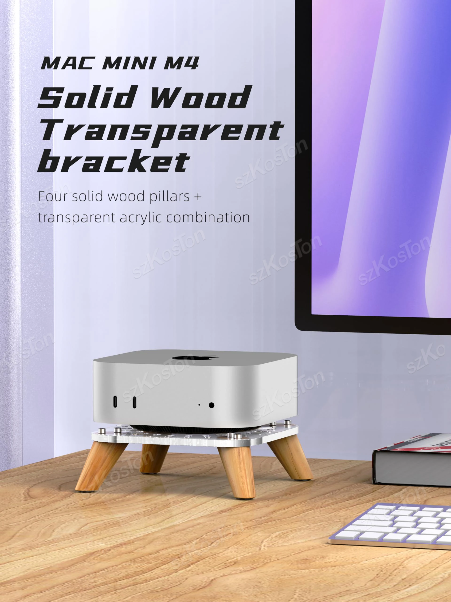 Wooden Transparent Desktop Stand for Mac mini M4/M4 Pro 2024 Heat Dissipation Bracket for Mac Mini M4 Pro PC Accessories