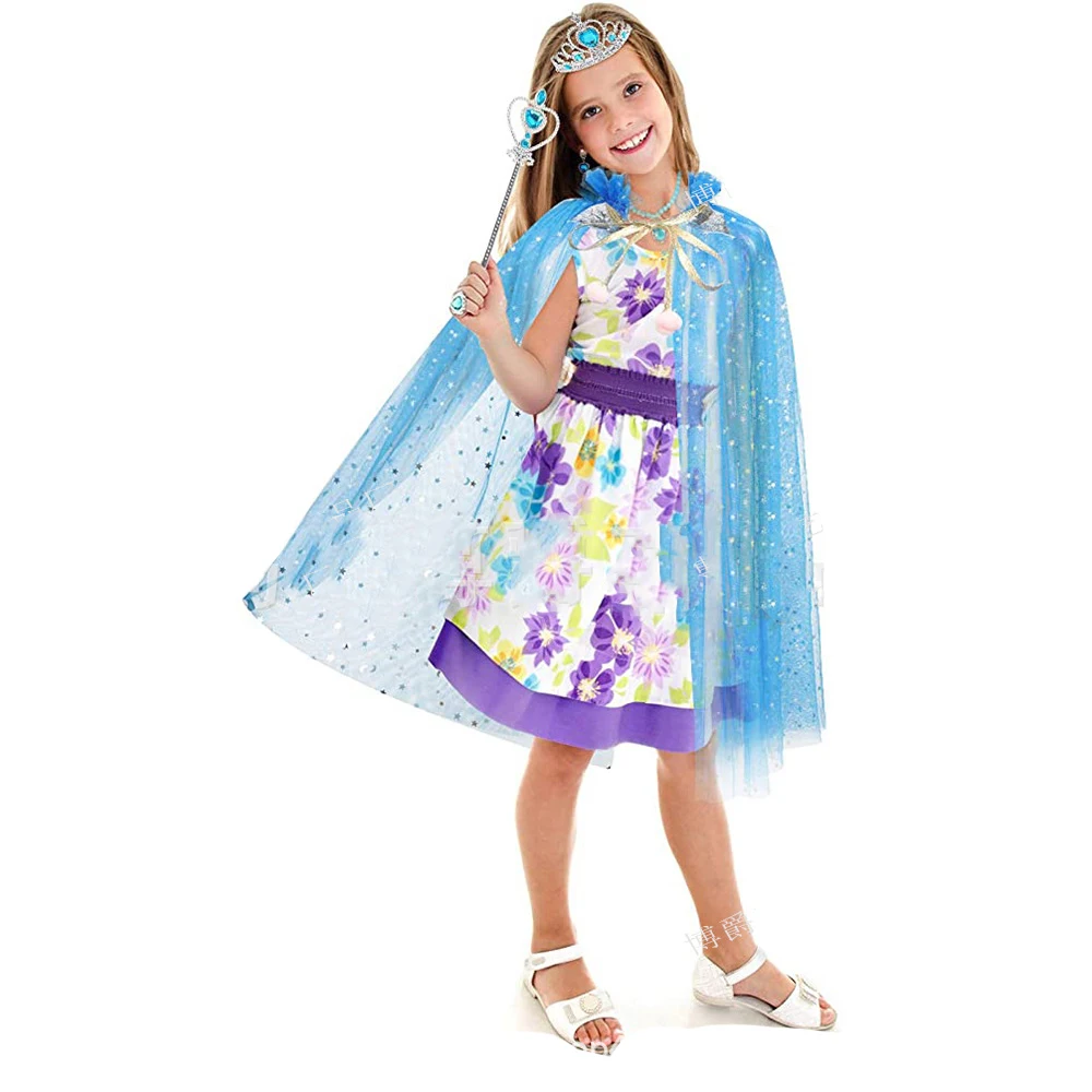 New Children's Cosplay Costumes Set Queen Princess Colorful Cloak Crown Shawl Transparent Lace Free Size with Accessories Props