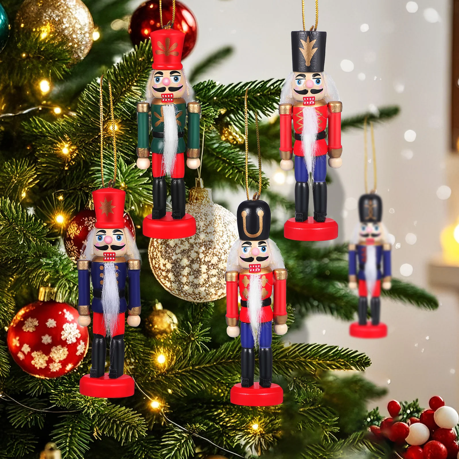 

6pcs Wooden Soldier Figurines Mini Christmas Tree Hanging Decor Holiday Nutcracker Ornaments Xmas Party Home Hotel Restaurant