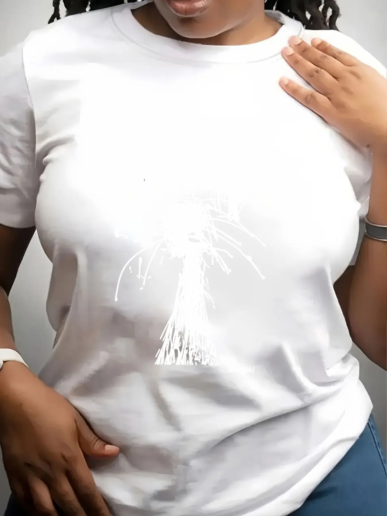 Women's Trendy Crew Neck T-Shirt White Sketchy Cat Face Print Suitable for Casual Sportswear
