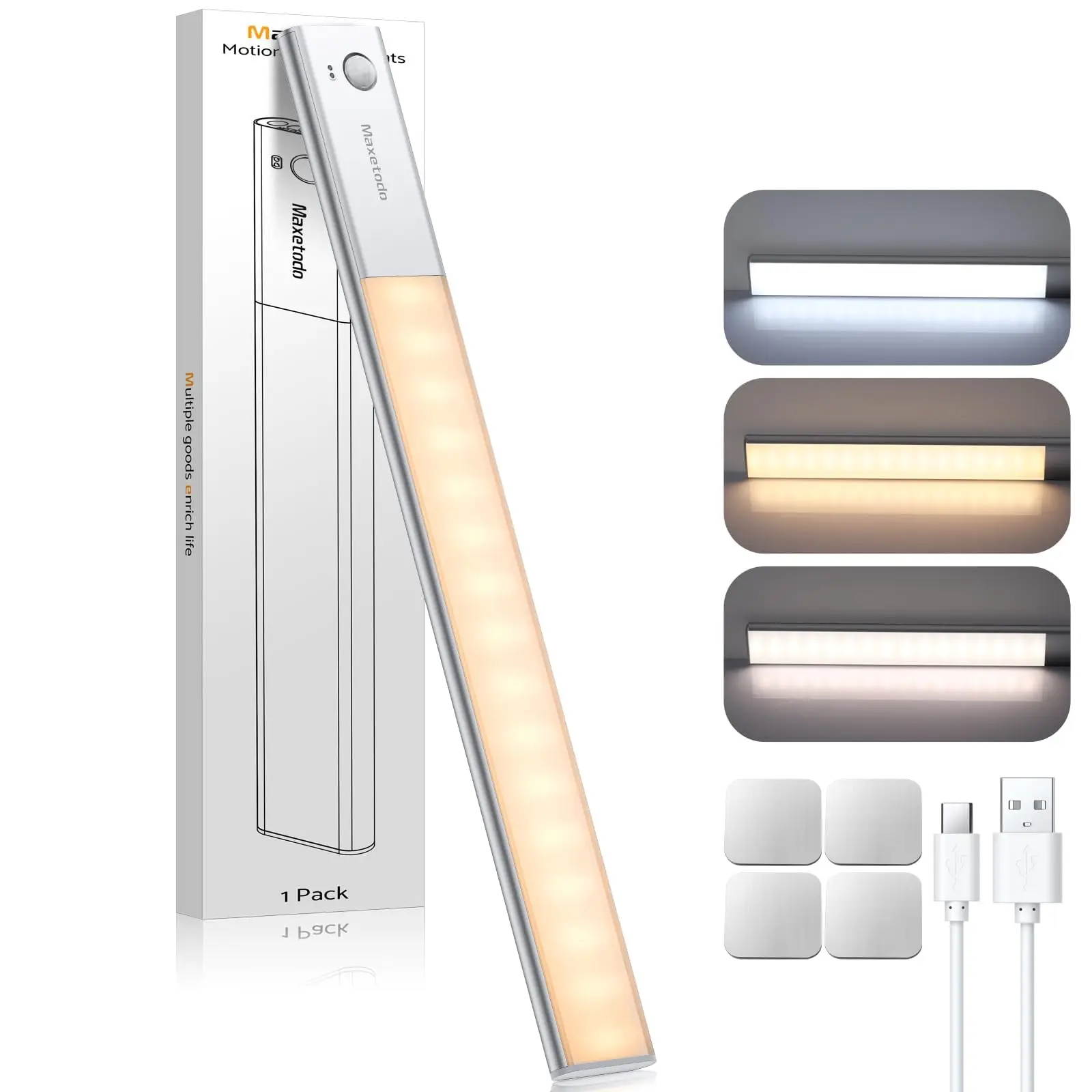 

Under Cabinet Kitchen Lights 1Pack 64 LED Motion Sensor Light,3000mAh Rechargeable,3 Color Temperatures,Dimmable Night