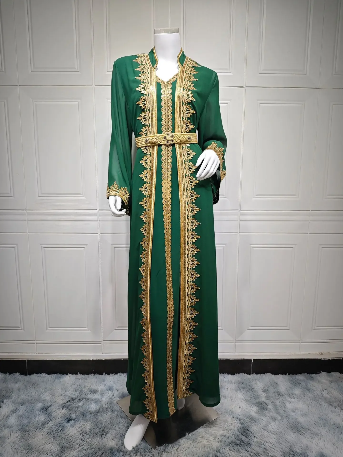 Chiffon Ribbon Abaya 2 Piece Set Kimono + Inner Dress Kaftan Muslim Suit Sets Abayas for Women Dubai Luxury Party Islam Outfits