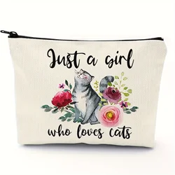 Whimsical Cat Makeup Bag Linen Fabric Travel Cosmetic Pouch with Zipper and Toiletry Organizer for Women