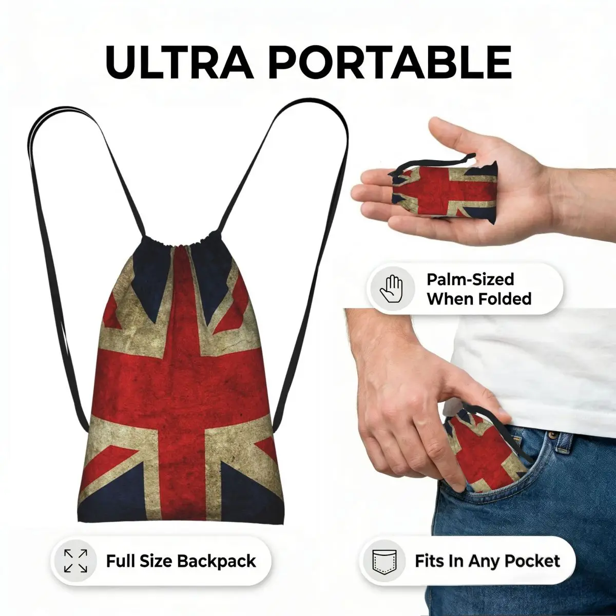 London Soldier Bus British Flag Pattern Drawstring Backpack hiking cycling Bag Lightweight Storage Drawstring Bag for Men Women