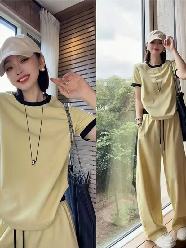 Summer New Casual Fashion High-End Feeling Short Sleeve Wide Leg Pants Two-Piece Set round Neck Splice Color Block Leisure Wear