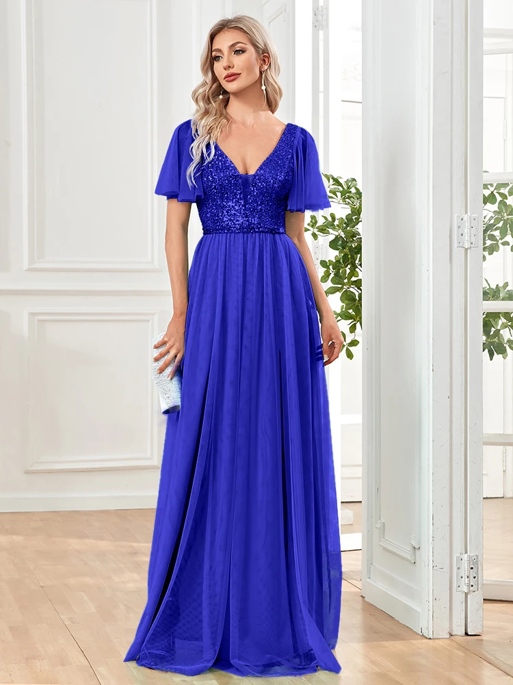 XUIBOL 2024 Women Elegant Blue Sequin Formal Evening Dress Mesh Leaf Maxi Prom Dress Sparkle V-Neck Short Sleeve Long Dress