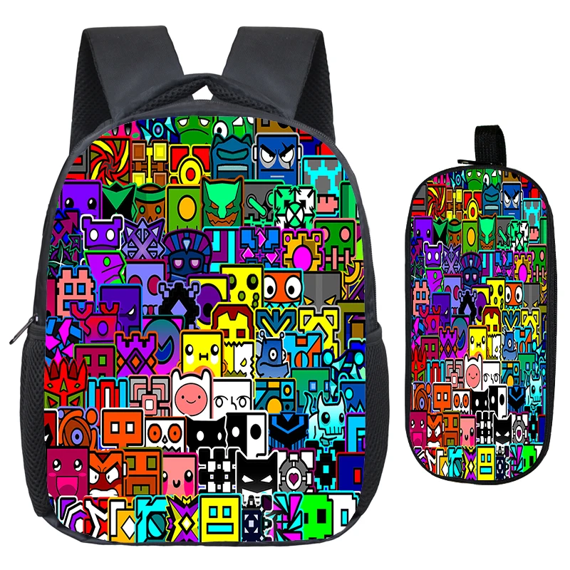 Geometry Dash Print Backpack Set para Crianças, Mochilas escolares, Jardim de infância Mochila para pré-escolar, Cartoon Bookbag, Lápis Bag, 2Pcs