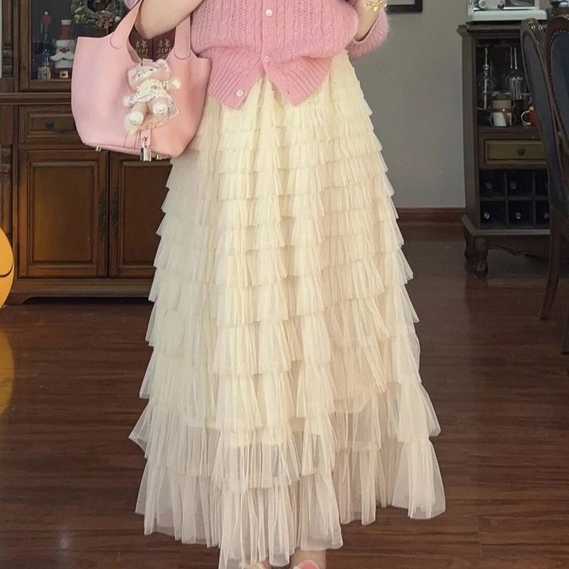 

Spring Summer Ruffle Multi Layered Cake Skirt Women's Tulle Skirt Pleated Tutu Skirts A-line Mid length High Waist Skirt