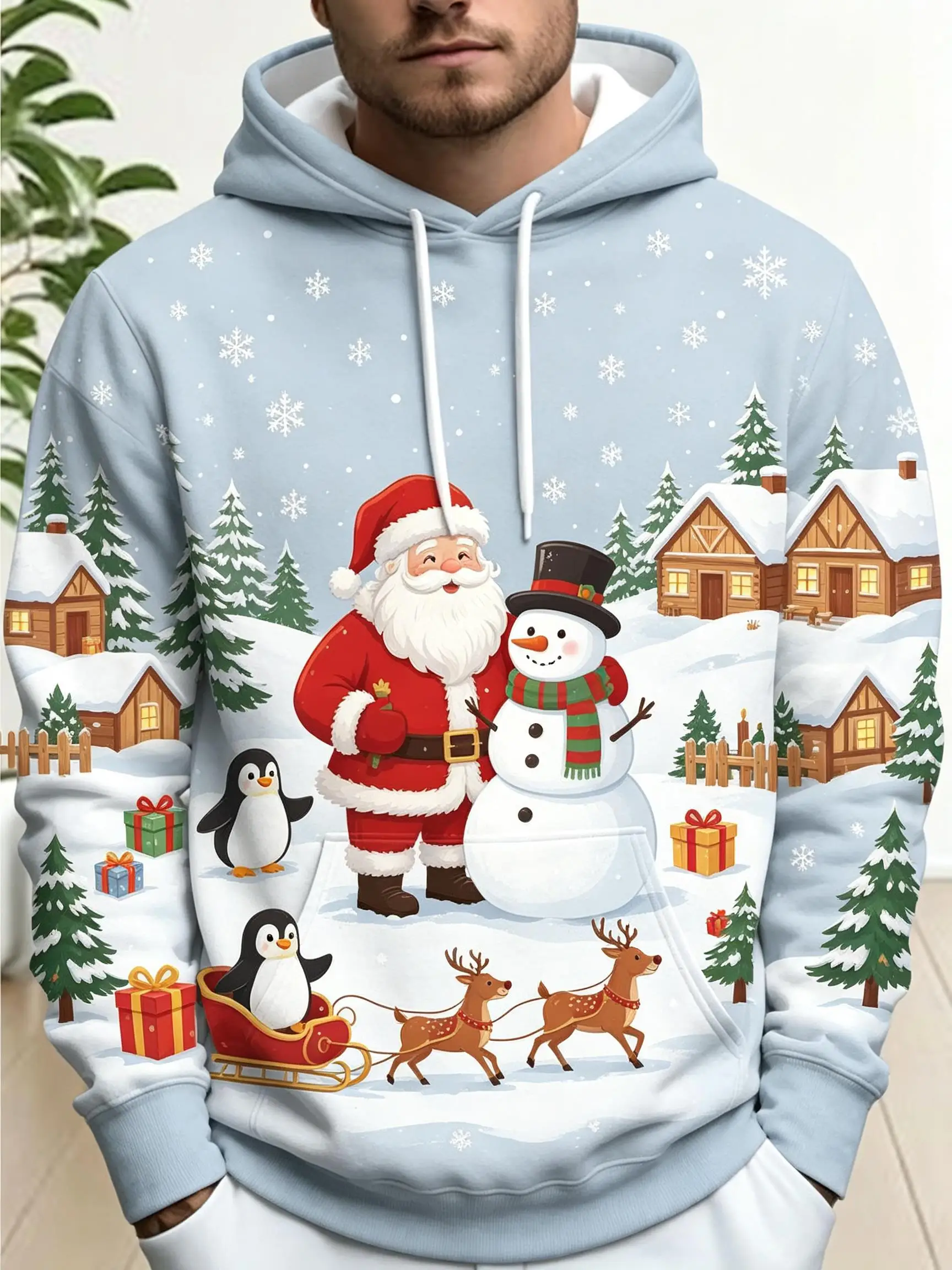 2026 Cool Men Thin Sweatshirt Autumn Winter Hoodie Snowman Penguin Snowflake Print Long Sleeve Male Pullover Tops Men's Clothes