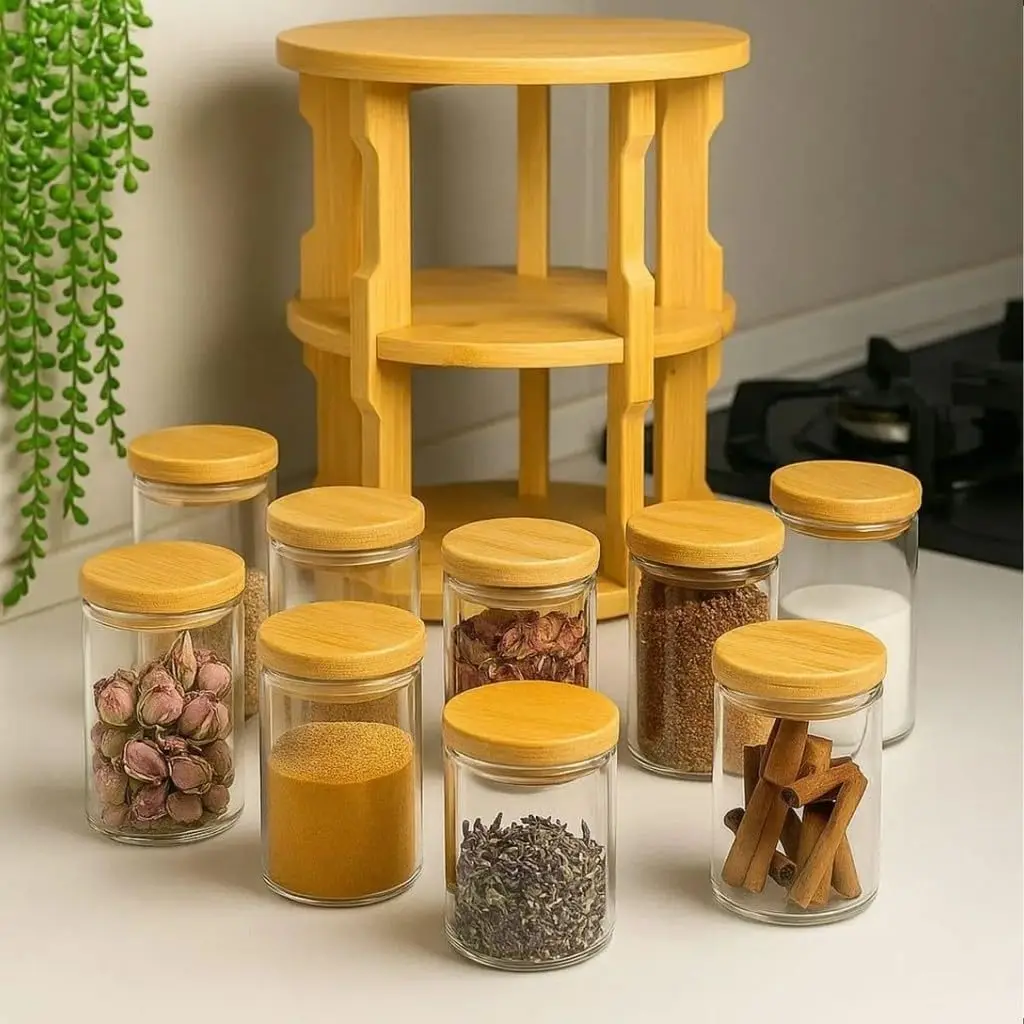 Wholesale Lazy Susan  Morden  Bamboo  Double Layer  Stocked  Rotating Spice Rack for Kitchen