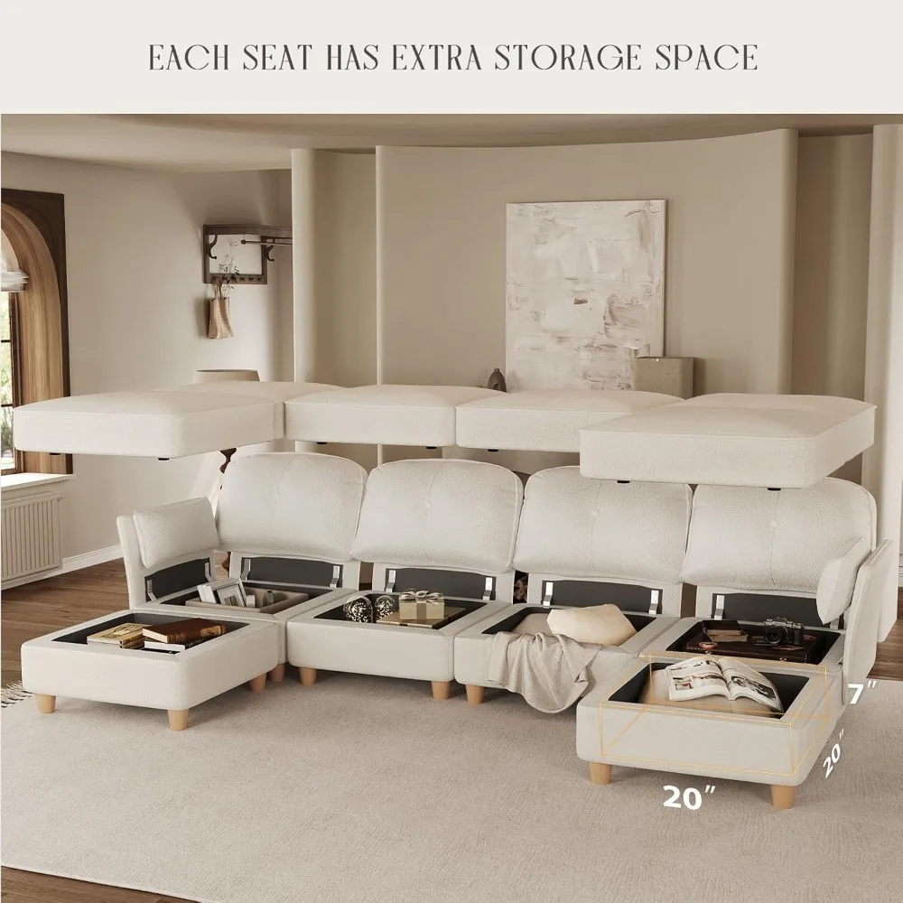 Segmented L-shaped modular sofa with storage, corner cloud sofa with chaise longue, 141" wide, 8-seater sofa, velvet image 4