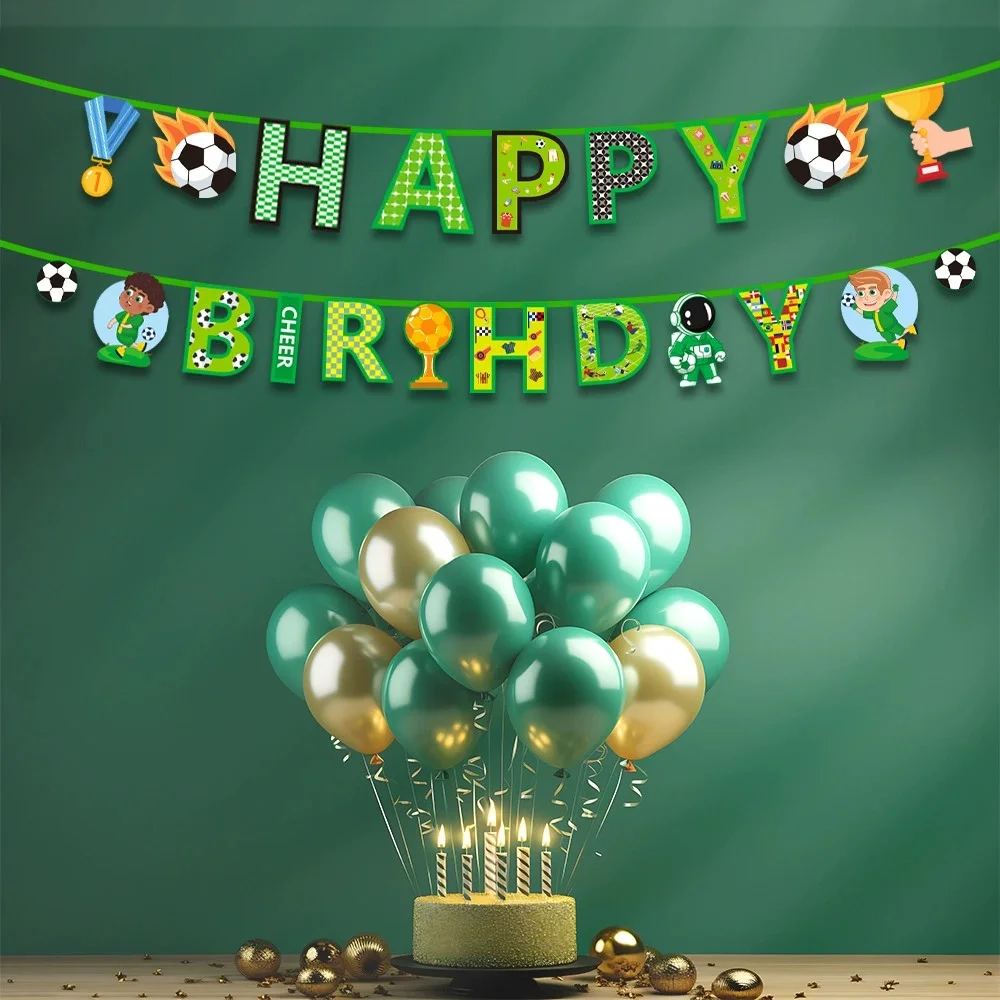 Fußball-Mottoparty, alles Gute zum Geburtstag, Banner, Girlande für Kinder, Jungen, Fußball, Geburtstagsdekoration, Gastgeschenke, Cupcake-Topper, Flaggenzubehör