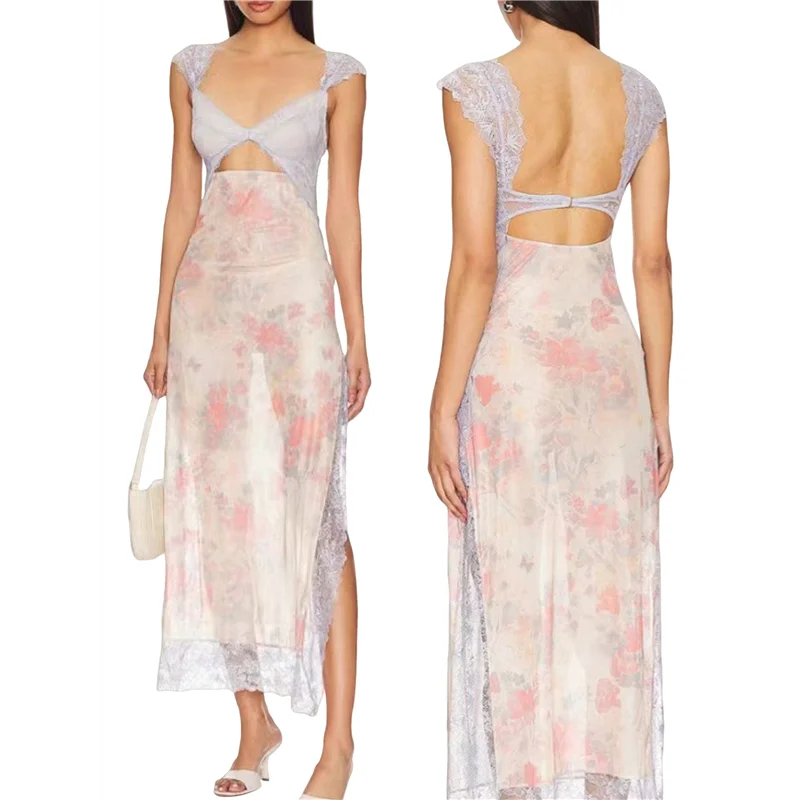 【】 Mulheres rendas retalhos malha maxi vestido floral impressão recorte querida pescoço sem costas fenda verão y2k vestidos longos