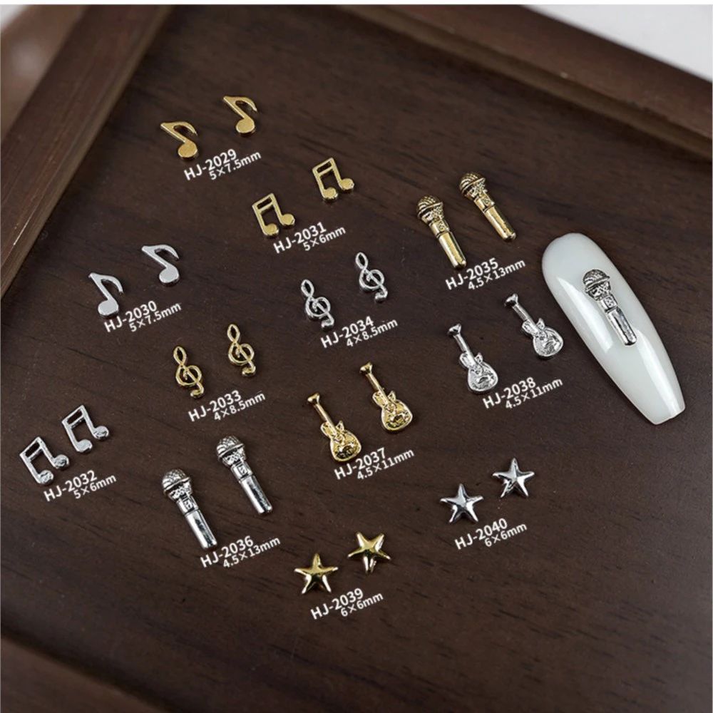 30PCS Vintage Musical Symbol Metal Nail Studs Charms 3D Microphone Guitar Music Note Star Rivets Decor Manicure DIY Supplies