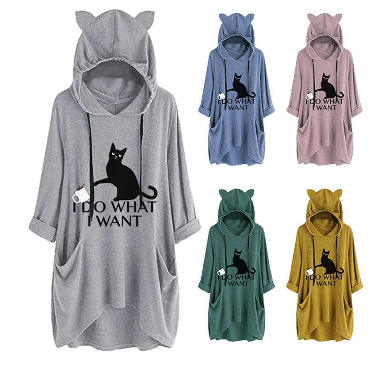 New fashion Autumn/Winter cotton cute pocket hoodie seven quarter sleeve cat ear long hooded top WANT cat letter print