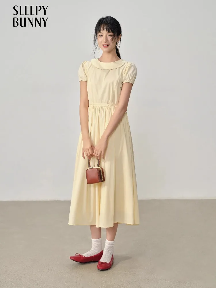 Vestido largo francés elegante Vintage con mangas abullonadas, vestido largo con cuello barco, falda fluida bordada con cintura delgada, ropa informal para mujer