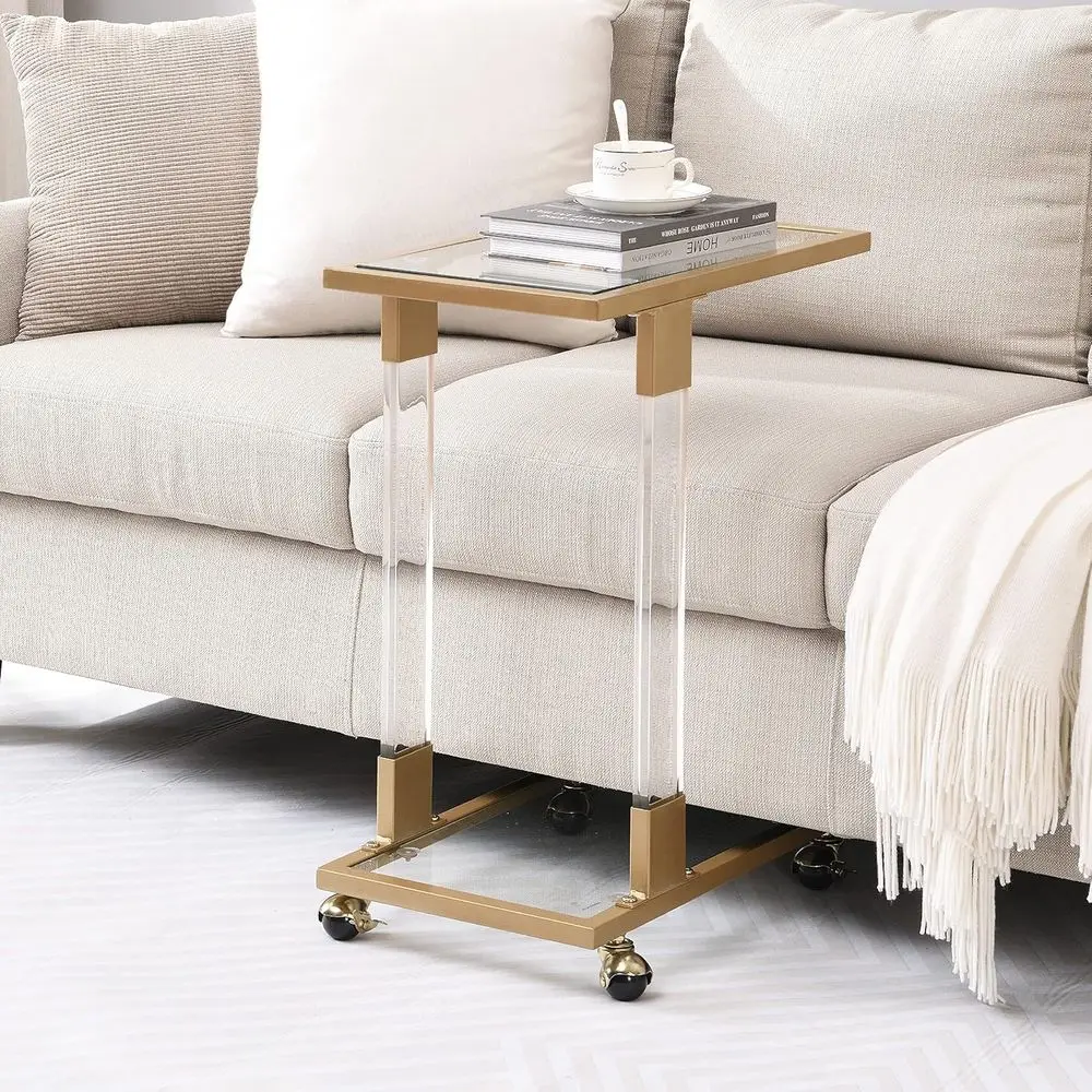 

Modern Tempered Glass Side Table with Metal Base for Living Room or Sofa Area