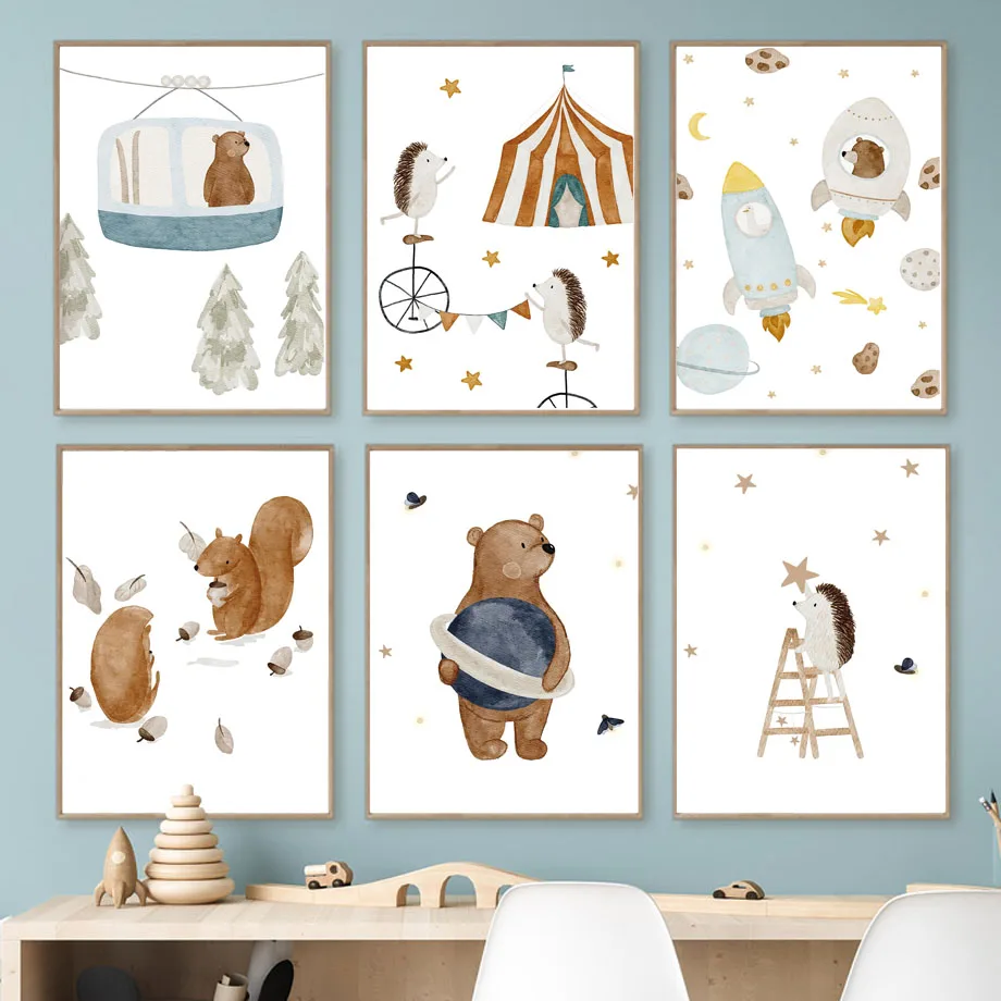 Wall Art Canvas Painting Cartoon Animals Bear Squirrel Fox Hedgehog Pig Nordic Posters And Prints Baby Pictures Kids Room Decor