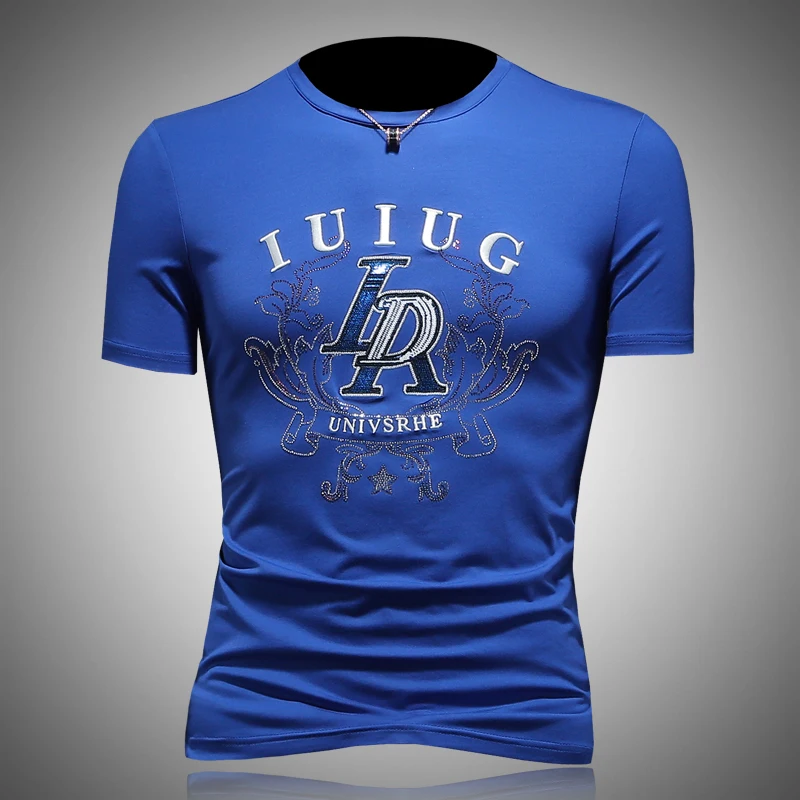 

Летняя модная мужская футболка с коротким рукавом, вышитыми буквами, из шелкового хлопка, тонкая, трендовая, с эффектом термоактивации, приталенная, с круглым вырезом