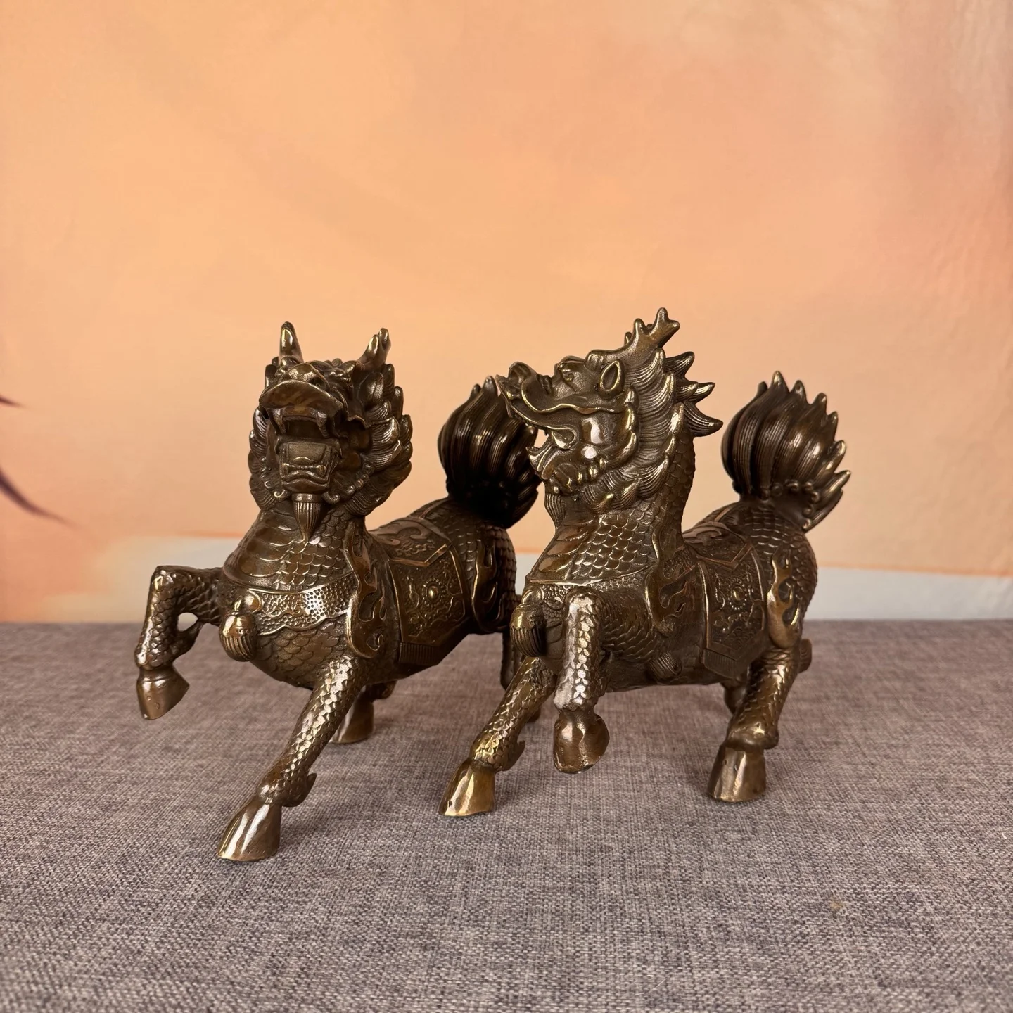 Collection Old Brass Kirin Statue Exorcist Beast a pair study screen Amass wealth Ornaments