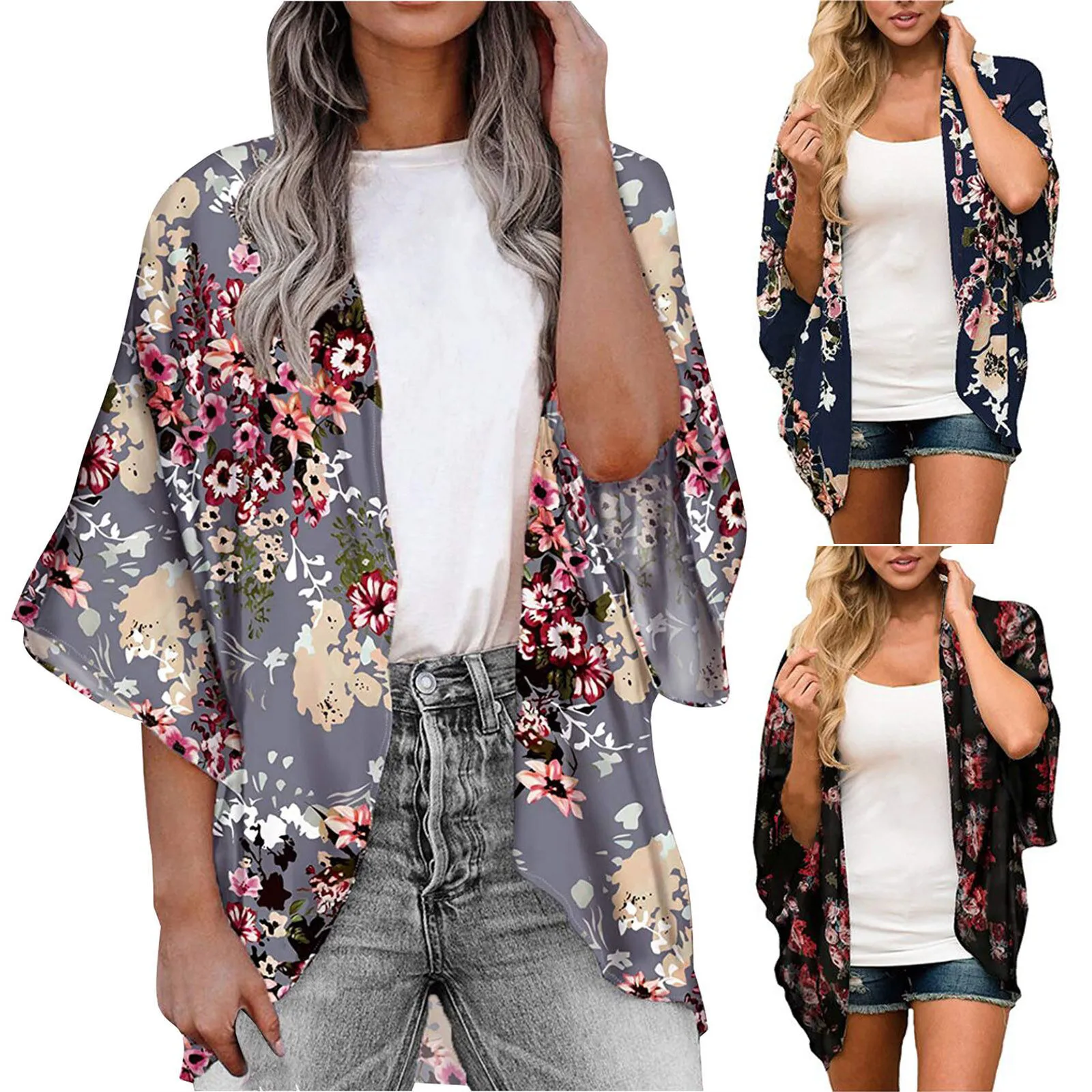 Women\'s Plus Size Floral Print Lightweight Chiffon Kimono Cardigan Short Sleeve Loose Beach Wear Cover Up Blouse Top