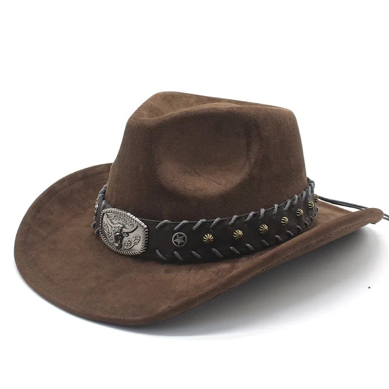 

New retro bullhead western cowboy hat for men and women Tibetan Suede Jazz Hat Wide Brim Hat