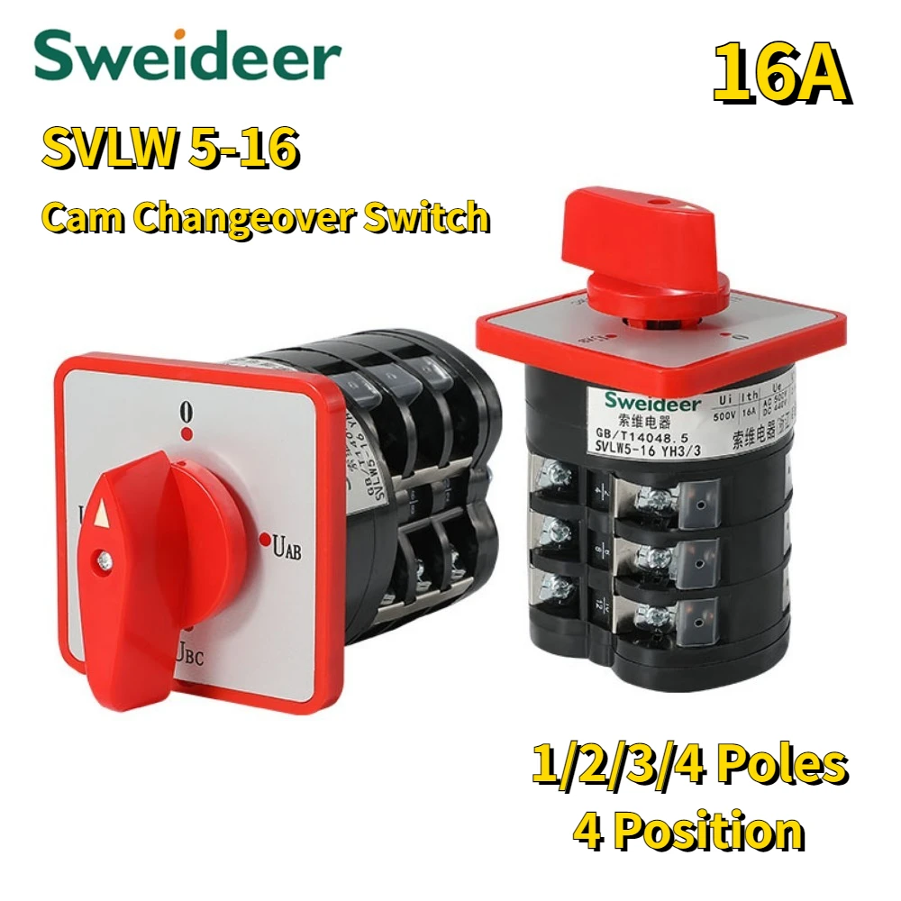 Changeover Switch LW5-16 Rotary Cam Switch 4 Position 1/2/3/4 Poles Universal Control 16A Sliver Contact Changeover Selector