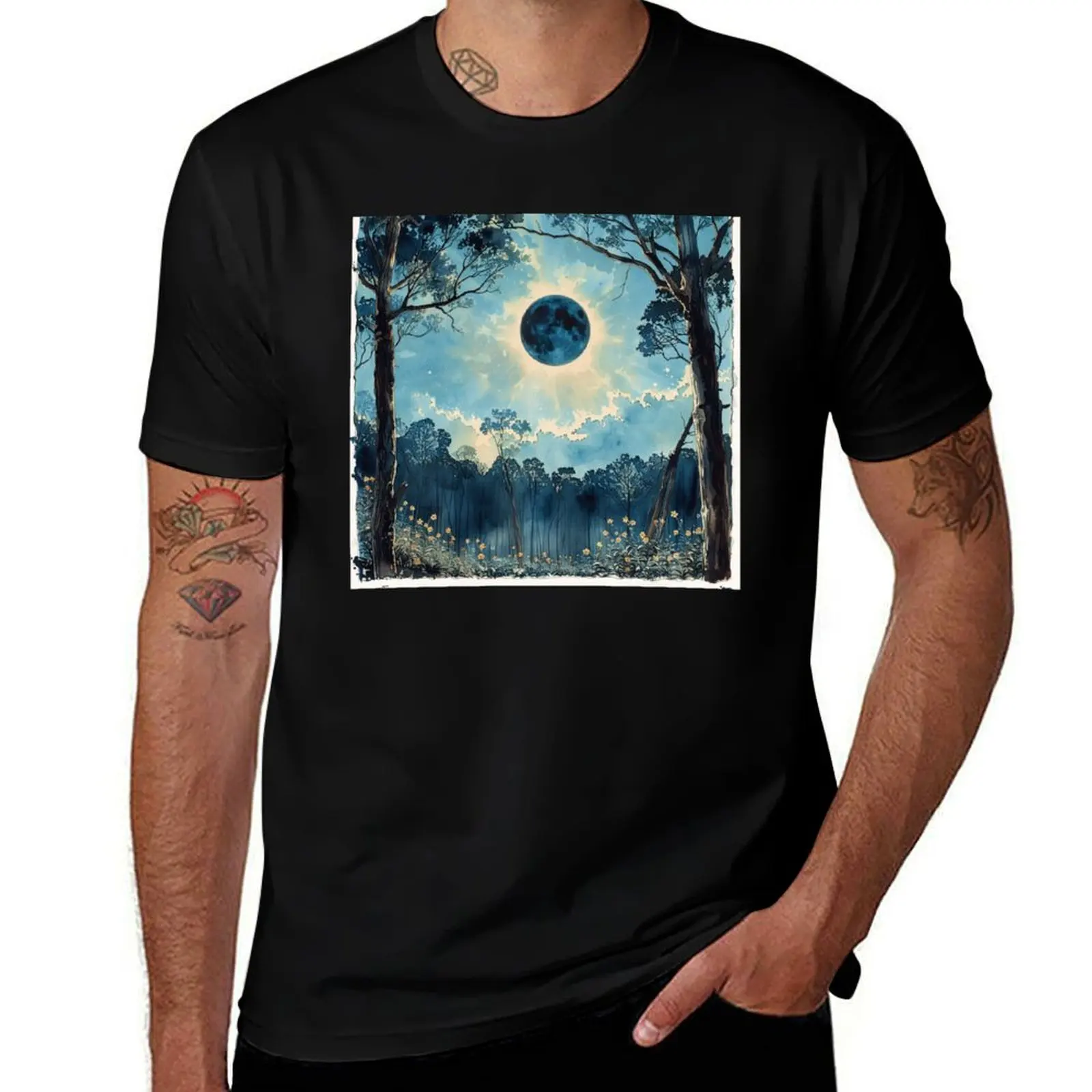 Eclipse over Pine Woods in Watercolor T-Shirt man clothes tops anime shirts men