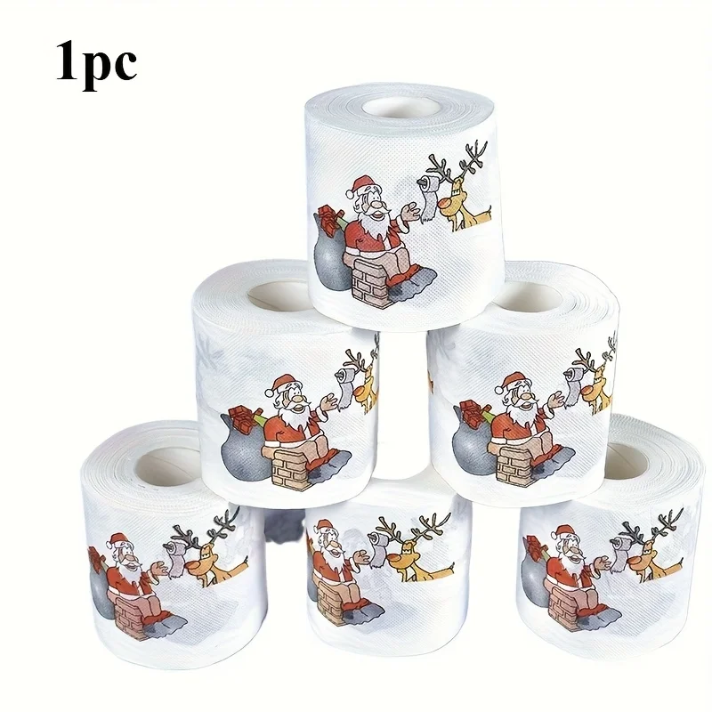 1 لفة ورق تواليت بنمط سانتا والرنة - 3.94 بوصة × 3.94 بوصة لعيد الميلاد ورأس السنة الجديدة ديكور المنزل ومستلزمات الحفلات