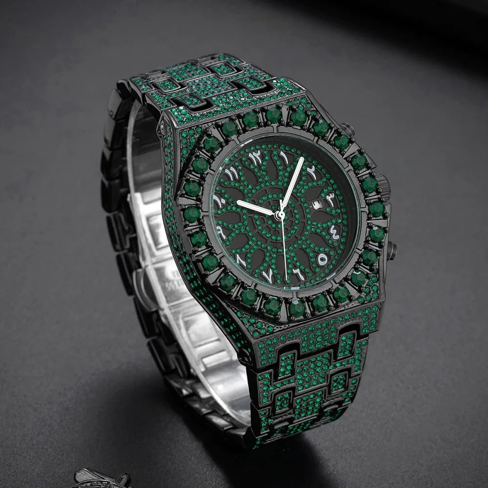 Missfox Iced Green Crystal Rhinestone Men Quartz Watch Alloy Strap Arabic Dial Date Hip Hop Luxury Bling Male Wristwatch Hot Sale